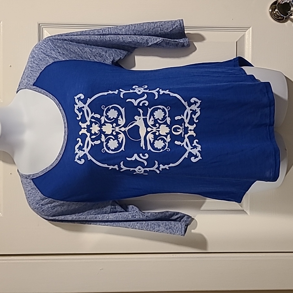 Cirque Du Soleil "O", 3/4 sleeve, sheer, blue & white, top. Size XXL.